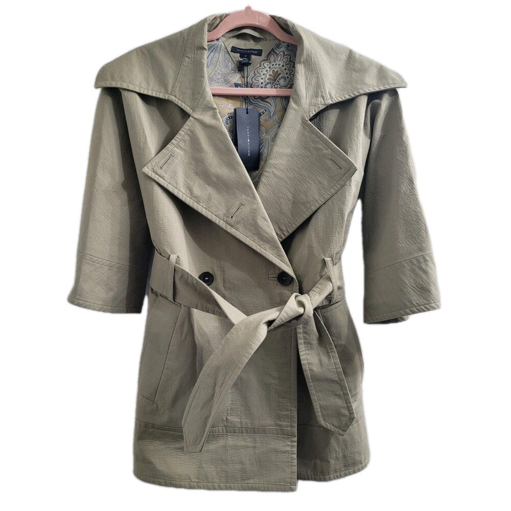 Tommy Hilfiger Wm's M 3/4 Sleeve Swing Trench Coat Belted Double Breasted Khaki